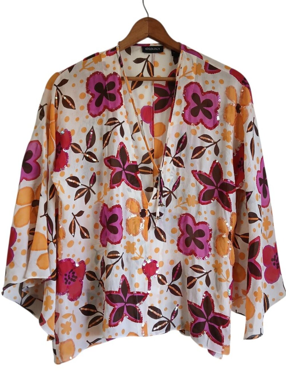 Ideology 100% Silk Sheer Resort Wear Beach Cover Up Floral Sequin Blouse